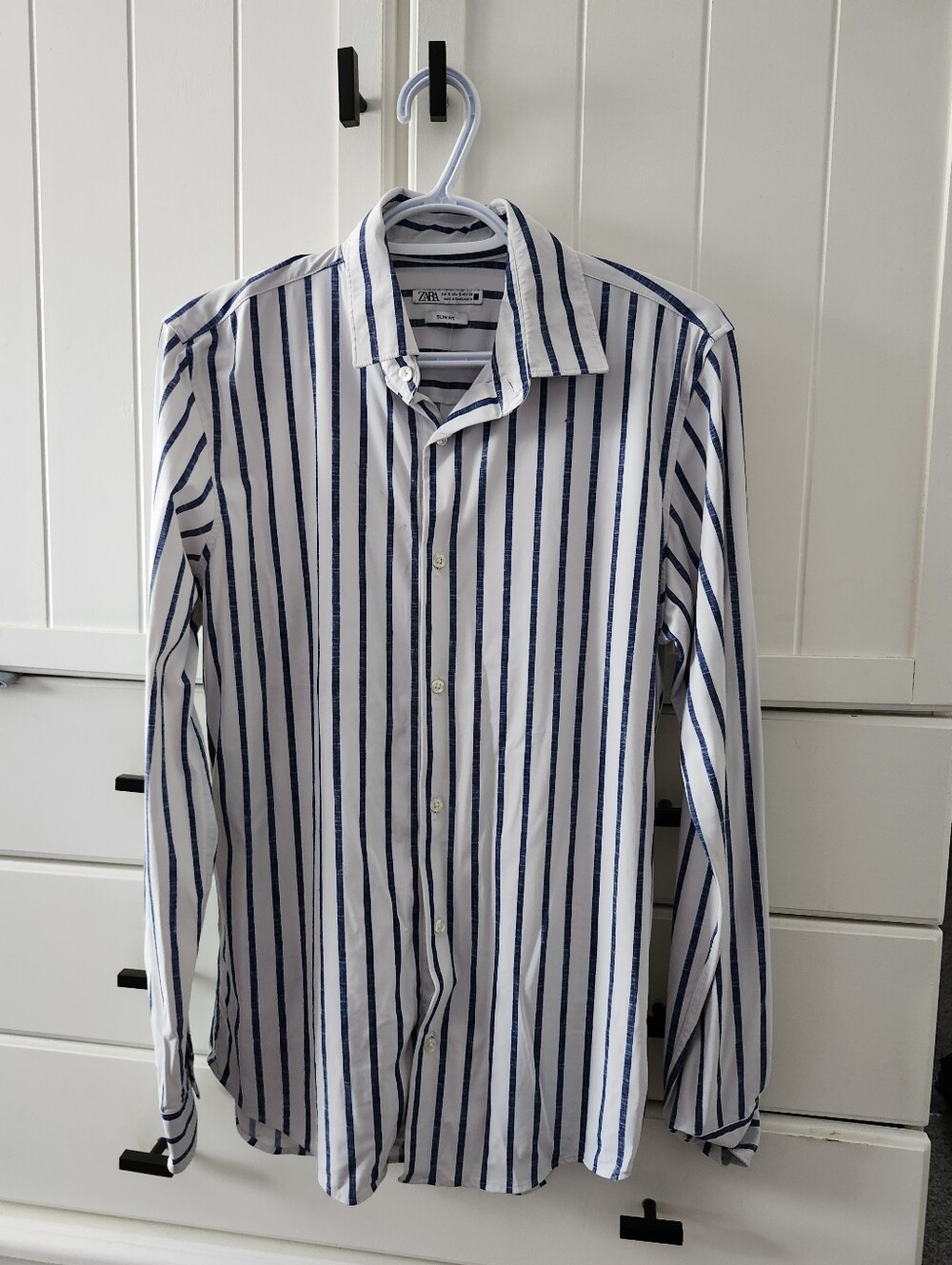 Zara Womans White and Navy Vertical Stripe Dress Shirt Sz S/M